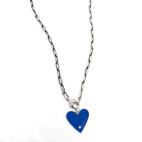Enameled Blue Diamond Heart On A Diamond Lock Oie Jewelry