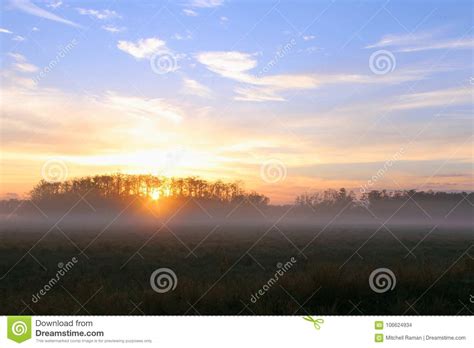 Early Morning Sunrise Over A Farm Field With Heavy Mist On The Grass