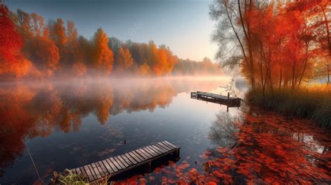 An Autumn Sunrise By A Lake With Docks And Trees Background Beautiful