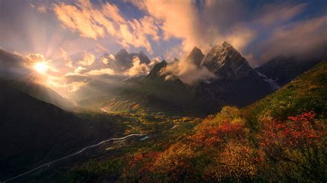 Nature Landscape Fall Shrubs Mountain Himalayas Tibet Sunset