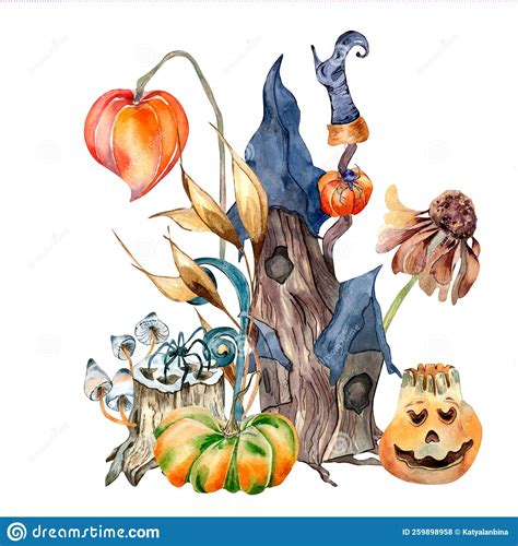 Colorful Halloween Print With Haunted House Watercolor Illustration