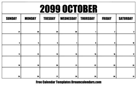 October 2099 Calendar Free Blank Printable With Holidays