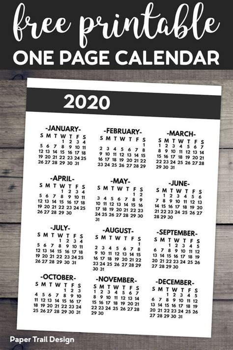 2020 Printable One Page Year At A Glance Calendar In Bold Font Ready To