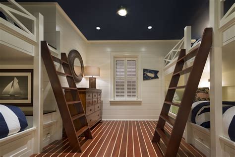 Nautical Bedroom With Built In Bunk Beds Shiplap Walls And Navy Blue