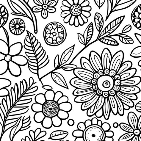 Abstract Black And White Monochromatic Hand Drawn Flowers Texture