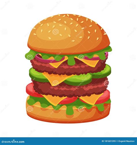 Big Hamburger With Cheese Lettuce Meat Patties And Bun With Sesame