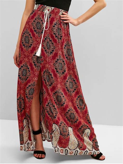 27 Off 2021 Slit Tassels Buttoned Printed Skirt In Red Wine Zaful