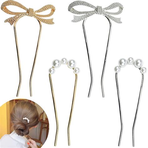 Buy 4 Pack Pearl Rhinestone U Shape Hair Fork Sticks Updo Hair Bun