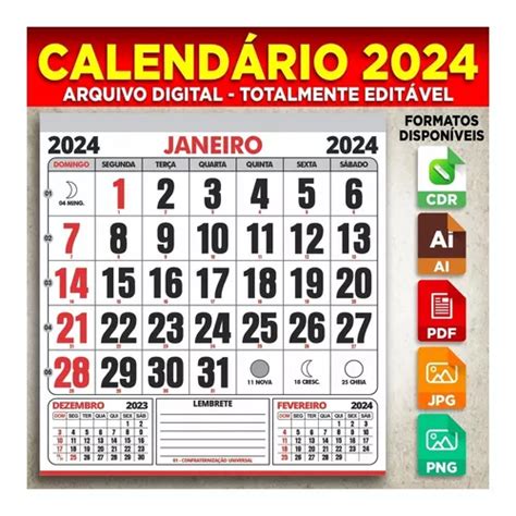 Calendário 2024 Arquivo Digital Corel E Illustrator Parcelamento