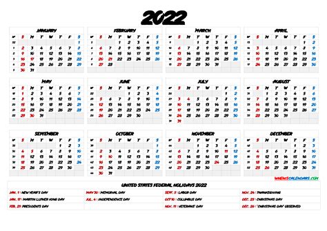 Printable Calendar 2022 With Holidays 9 Templates