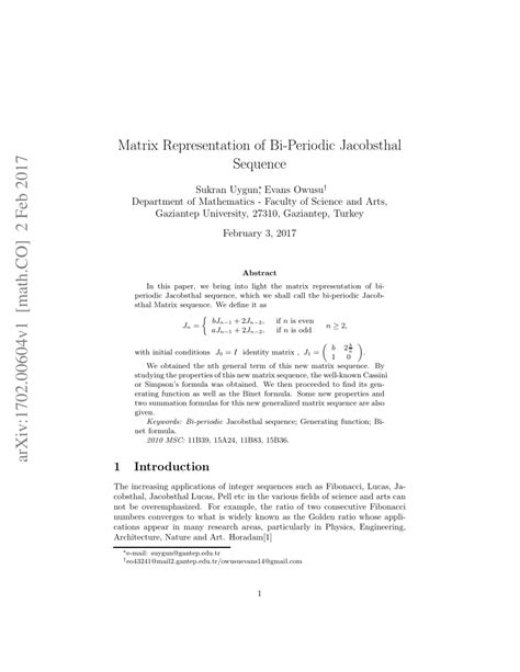 Pdf Matrix Representation Of Bi Periodic Jacobsthal Sequence