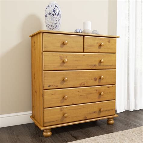 6 Drawer Chest Storage Cabinet Natural Finish Pine Wood Home Bedroom