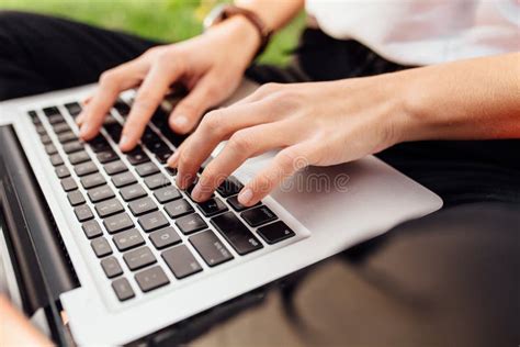 Image Of Hands Fingers Typing On The Keyboard Text Stock Photo