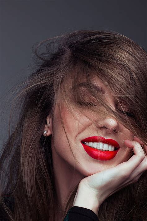 Women Red Lipstick Model Long Hair Hair In Face Hd Phone Wallpaper