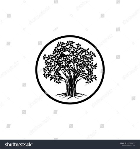 Vektor Stok Oak Tree Logo Circle Lines Surrounding Tanpa Royalti