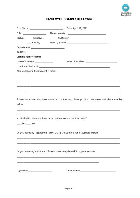 kostenloses employee complaint form