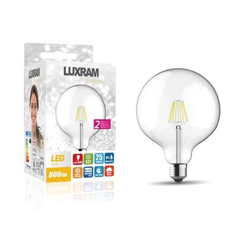 Luxram Classic E27 Clear 125mm Globe Led 8w 2700k 806lm Light Bulbs