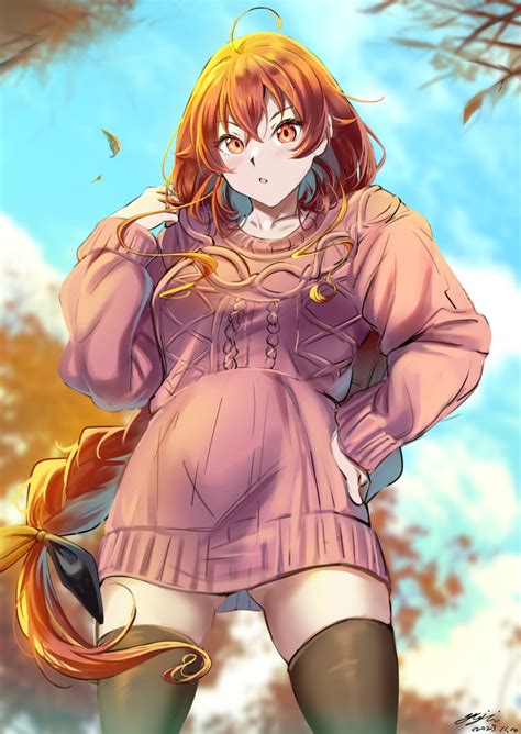 The Big Imageboard Tbib 1girl Absurdres Ahoge Autumn Autumn Leaves Black Thighhighs Braid