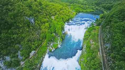 Copter Aerial View Of The Strbacki Buk Waterfall On The Una River