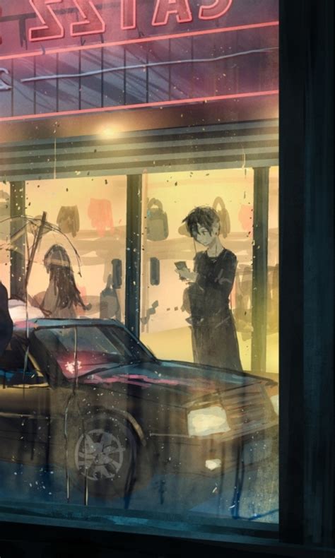 Wallpaper Window Walking Raining Shops Urban Street Anime Girl
