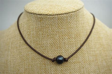 Black Pearl Necklacefreshwater Pearl And Leather Etsy Leather Pearl
