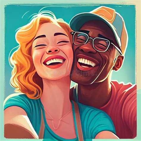 Illustration Of Interracial Love Couple Selfie And Laughing At Funny