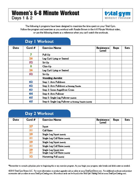 Total Gym Workout Chart Printable Workouts For Total Gym Beginner