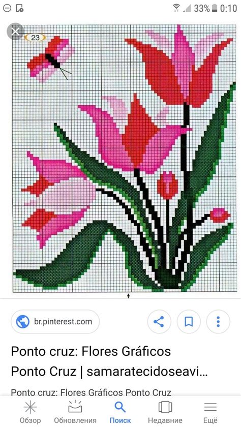 A Cross Stitch Pattern With Pink Flowers And A Humming On Its Back Side