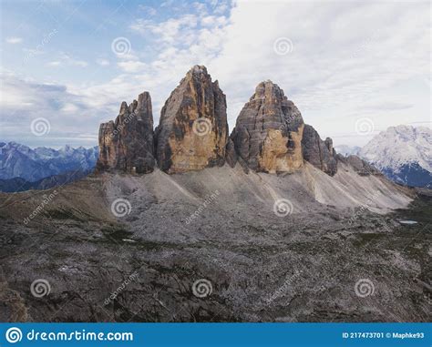 Alpine Mountain Panorama Of Tre Cime Di Lavaredo Peak Summit In Sexten