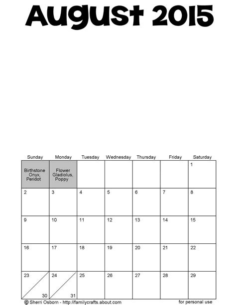 Printable August 2015 Calendars Holiday Favorites