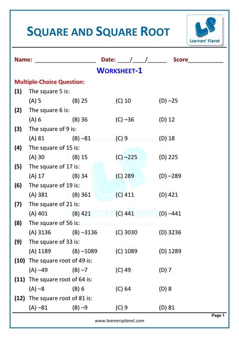 Square And Square Root Workbook