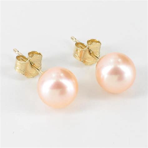 Pink Freshwater Pearl Stud Earrings 65 7mm On 9k Yellow Gold