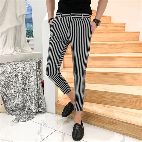 pantalones homme black and white stripe pants mens casual pants 2019 suit pants slim fit mens
