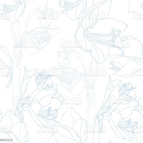 Hand Drawn Sketch Illustration Of Lilies Flowers Seamless Pattern Floral Blue Line Background