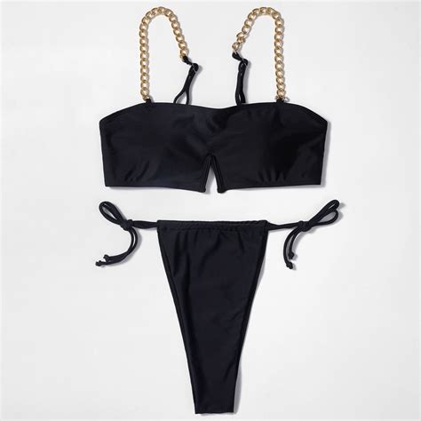 metal chain bikini sexy shiny black bathing suit separate two piece swimsuit hot selling