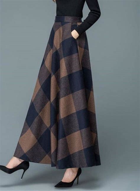 Kukombo Vintage A Line High Waist Woolen Skirts Autumn Winter Fashion