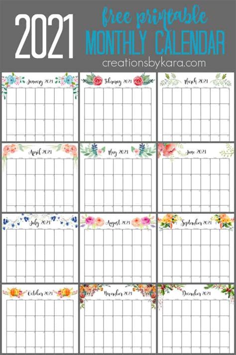 Floral Monthly 2021 Calendar Printable Creations By Kara