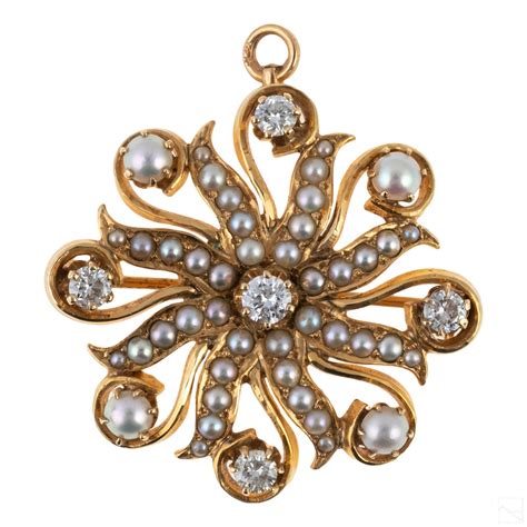 14k Gold Antique Diamond Seed Pearl Pendant Brooch Oct 27 2021