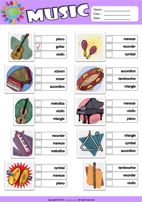 Musical Instruments Esl Vocabulary Multiple Choice Worksheet For Kids