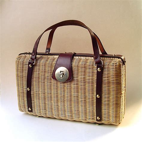 Mid Century Vintage Large Woven Rattan Purse With Leather Trim