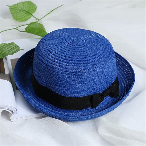 Acappella Women Blue Soft Straw Round Top Fedora Hat Ribbon Bowler 2