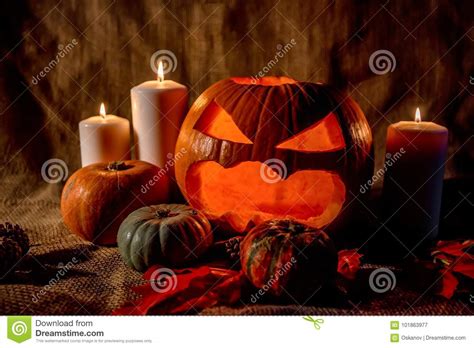 Halloween Pumpkin Head With Burning Candles Stock Image Image Of Jack