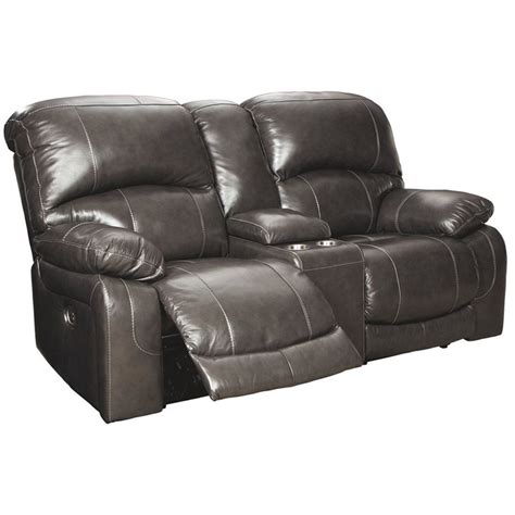 Ashley Furniture Hallstrung Leather Power Reclining Loveseat In Gray