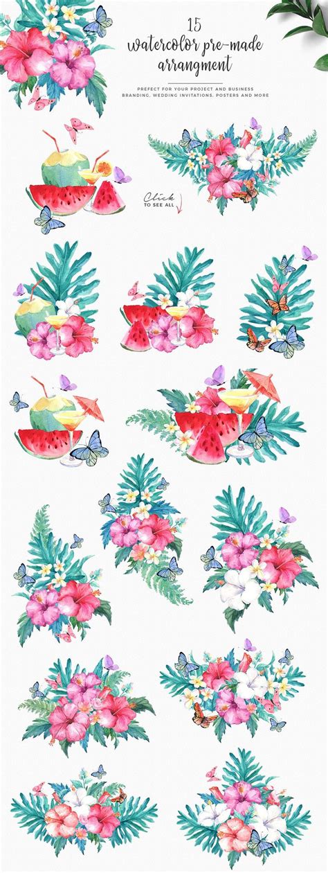 Hibiscus Watercolor Clip Art Set Hibiscus Watercolor Clipart Art Set