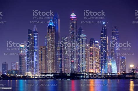 Dubai Marina Night Scene With City Lights Luxury New High Tech Town In
