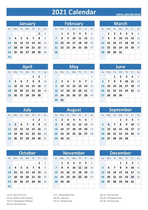 Federal Holidays 2021 Calendar Printable Printable Us Calendar 2021