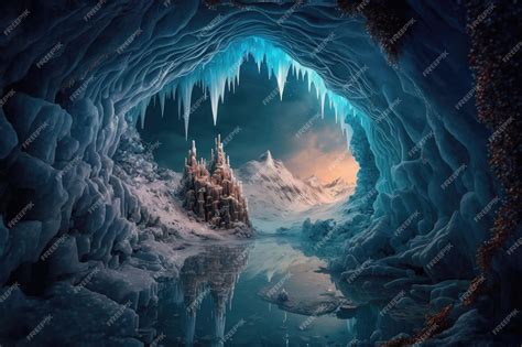 Premium Ai Image A Frozen Cavern With A Shimmering Lake And Icy