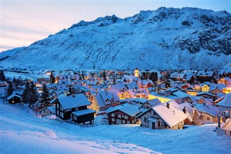 Andermatt Village In Swiss Alps Mountains Switzerland In Winter