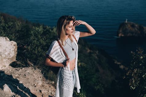 Women Blonde Women Outdoors Belly Striped Tops Jeans Looking Into The Distance Sea