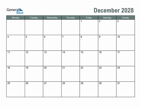 December 2028 Calendar With Monday Start